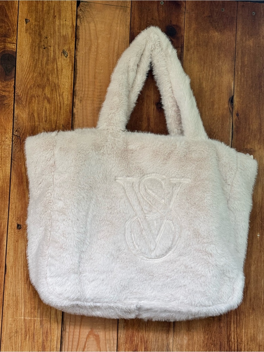 Plush Faux-Fur Victoria Secret Tote Bag in Light Cream with Embossed Logo